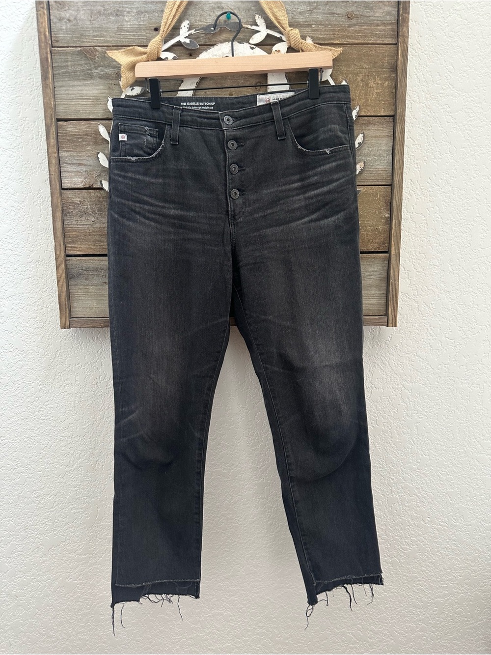 AG Adriano Goldschmied Isabelle Washed Black Button-Fly Raw Hem Jeans 32